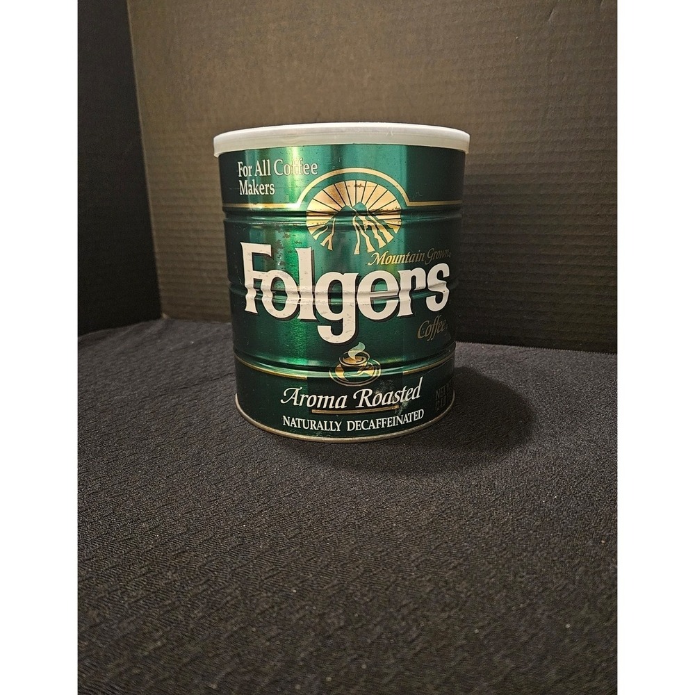 Vintage Folgers 39oz Coffee Can Mountain Grown‎ Aroma Roasted Decaf 6"x 6.5"